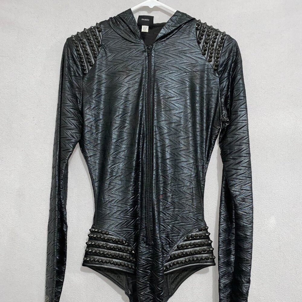 Ivy Layne Studded Black Hooded Bodysuit M/L Made in USA Edgy Zip Front